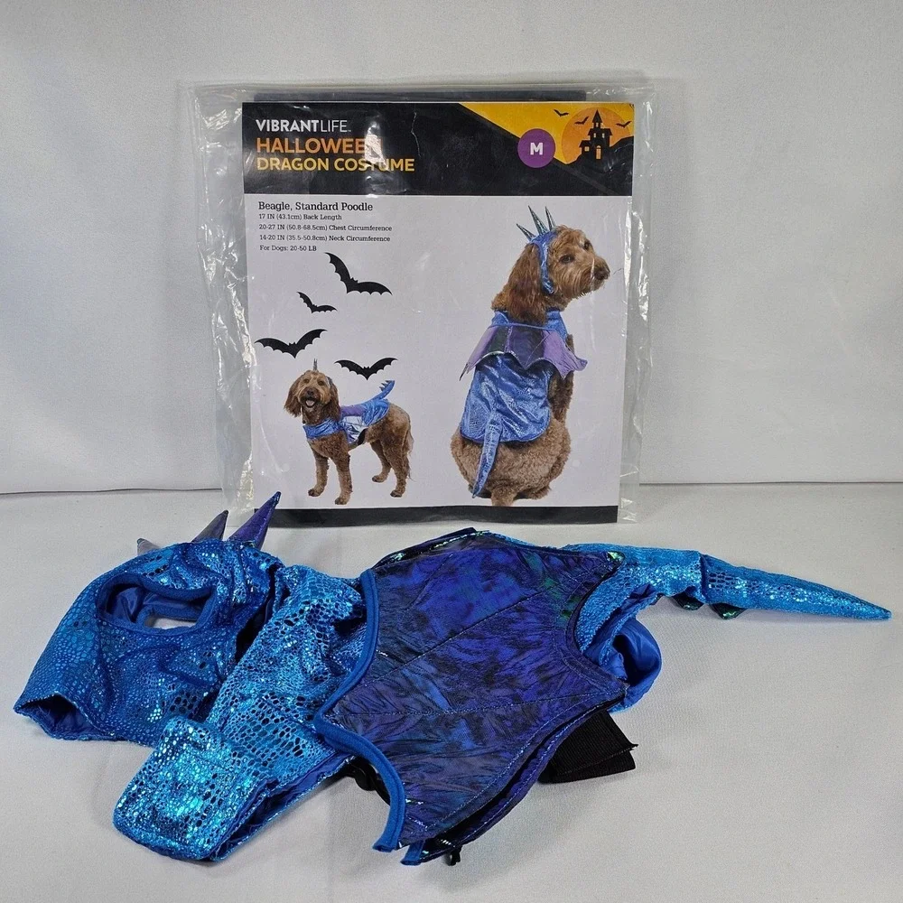New Vibrant Life Halloween Dragon Costume Dog Medium Blue Metallic Wings 2pc Set